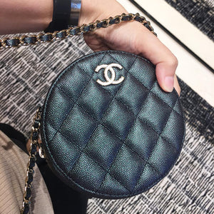 CHANEL ROUND PEARL CLUTCH WITH CHAIN BLACK LAMBSKIN