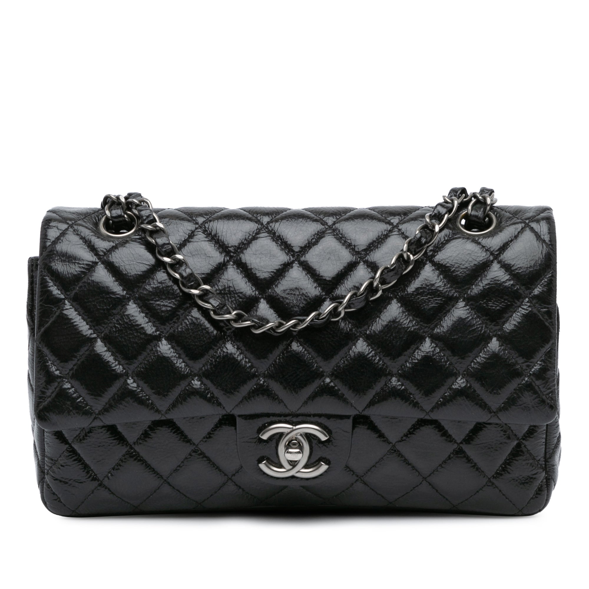 Chanel Classic Double Flap Medium Black Distressed Patent Silver