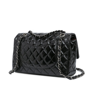 Chanel Classic Double Flap Medium Black Distressed Patent Silver