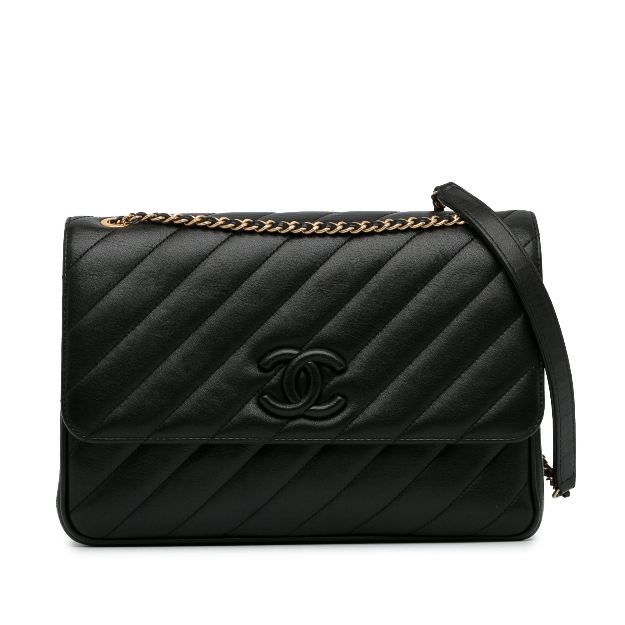 Chanel CC Single Flap Black Diagonal Quilted Calfskin Gold