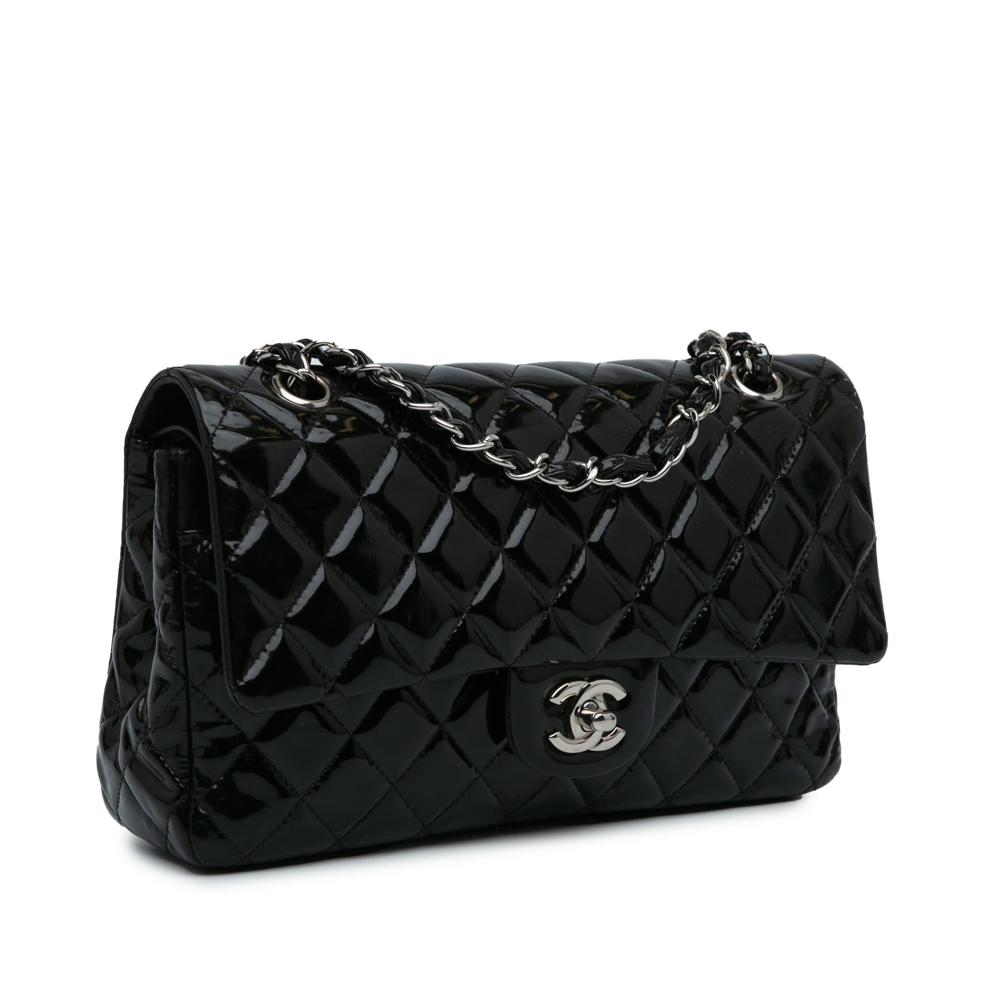 Chanel Classic Double Flap Medium Black Patent Leather Silver