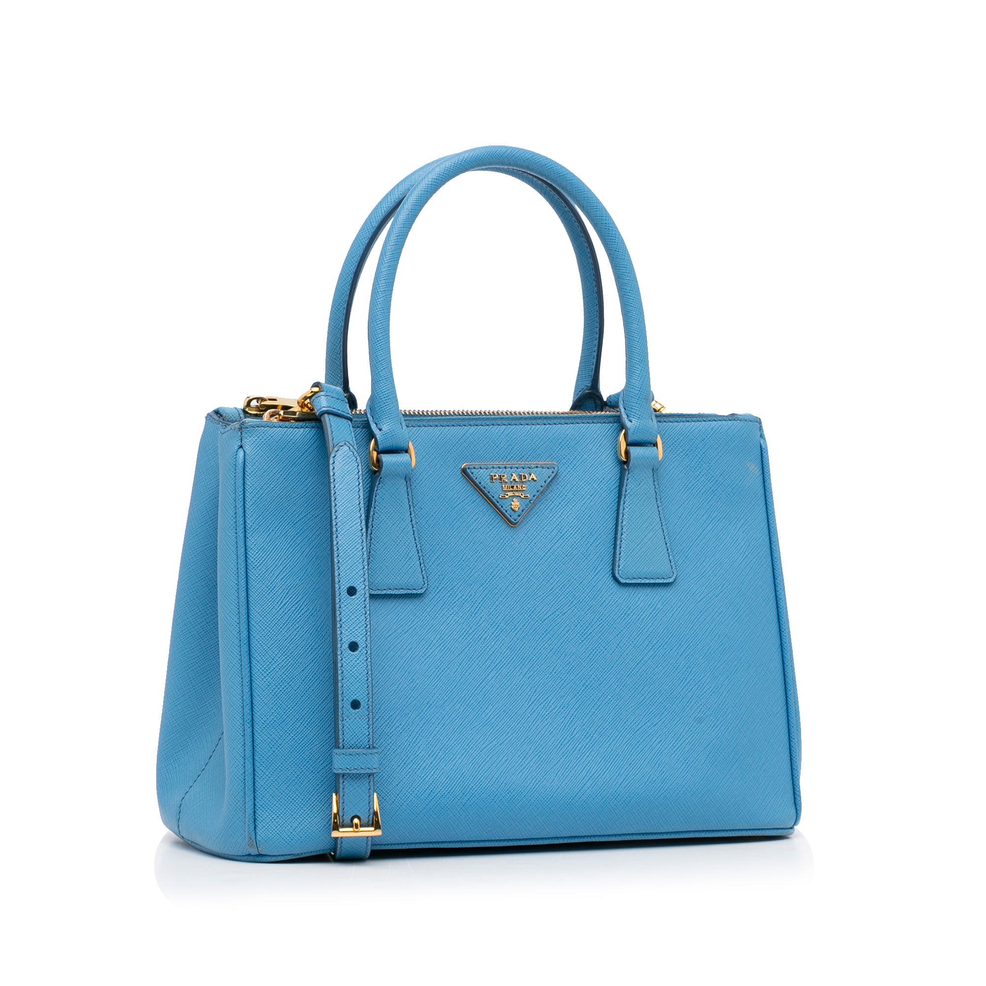 Prada Double Zip Galleria Medium Blue Saffiano